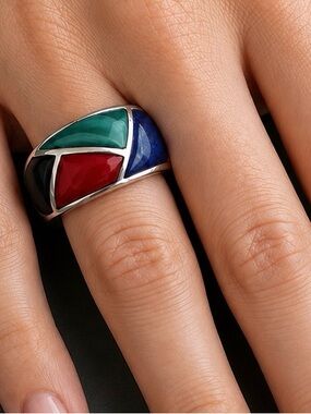 Southwestern Sterling Silver Ring Lapis Malachite Coral Onyx QUALITY